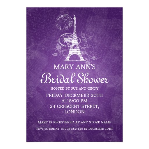 Elegant Bridal Shower Romantic Paris Purple Personalized Announcements