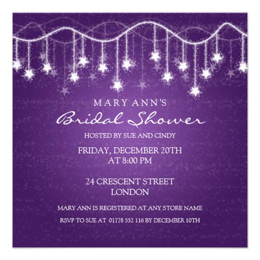 Elegant Bridal Shower Shimmering Stars Purple Announcements (front side)