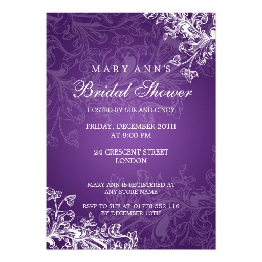 Elegant Bridal Shower Vintage Swirls Purple Personalized Announcements