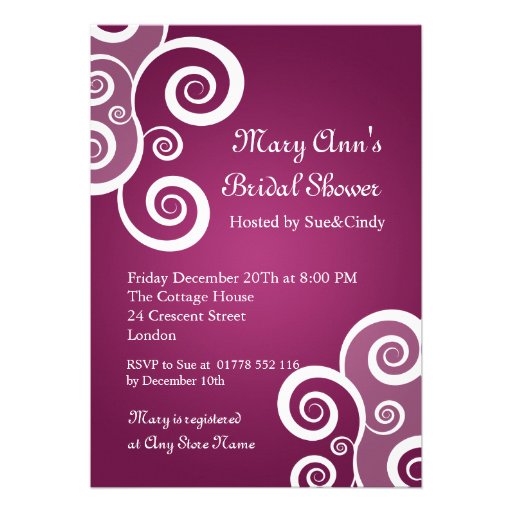 Elegant Bridal Shower White Swirls Plum Personalized Invitations