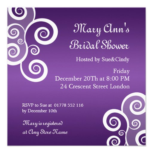 Elegant Bridal Shower White Swirls Purple Personalized Invitations