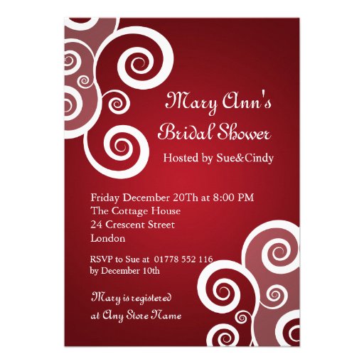 Elegant Bridal Shower White Swirls Red Invite