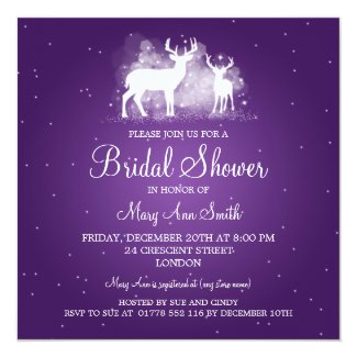 Elegant Bridal Shower Winter Deer Sparkle Purple 5.25x5.25 Square Paper Invitation Card
