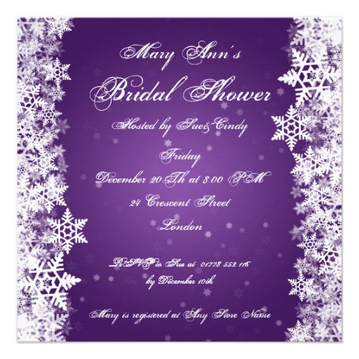 Elegant Bridal Shower Winter Snowflakes Purple Personalized Invitations