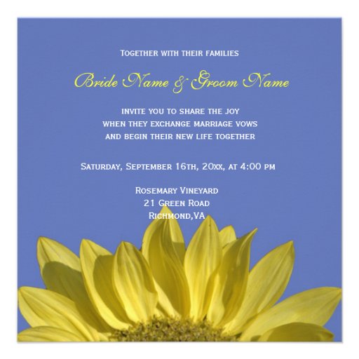 Elegant, bright  sunflower in blue, wedding invite (front side)