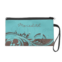 Elegant Brown Aqua Flourish Personalized Wristlet