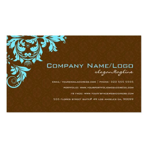 Elegant Brown & Blue Vintage Floral Damasks Business Card (back side)