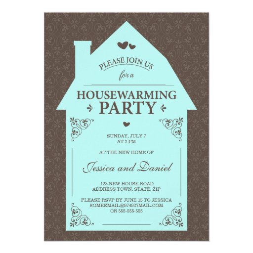 Elegant brown damask aqua blue house housewarming invites