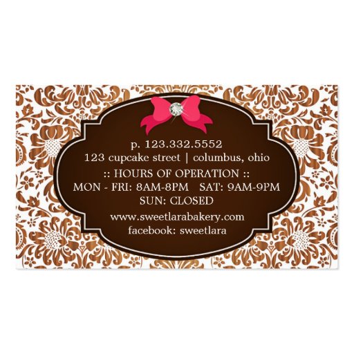 Elegant Brown Damask Pink Cake Diamond Bakery Business Card (back side)