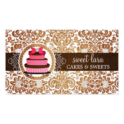 Elegant Brown Damask Pink Cake Diamond Bakery Business Card (front side)