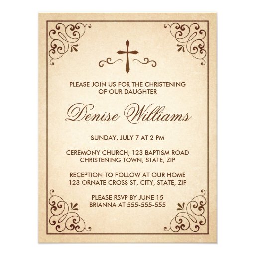 Elegant brown ornate frame christening invitation