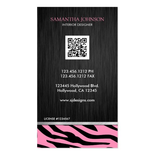 Elegant Bubblegum Pink and Black Zebra Business Cards (back side)