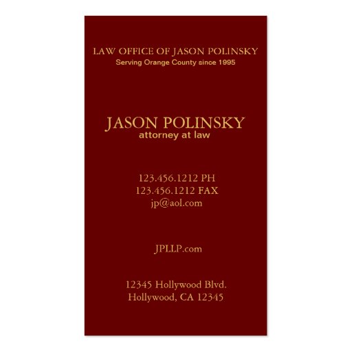 Elegant Burgundy Leather and Gold Attorney At Law Business Cards (back side)