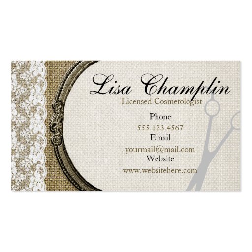 elegant burlap and lace hair stylist hairstylist business card (back side)