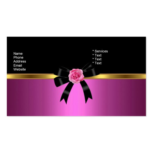 Elegant Business Card Pink Rose Black Gold Bow (back side)