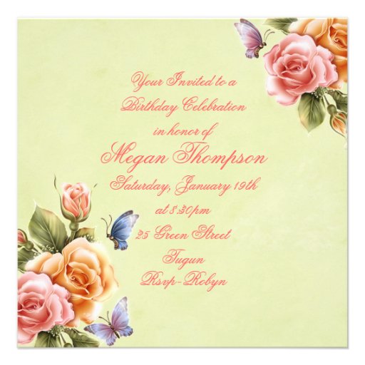 Elegant Butterflies & Roses Birthday Invitation