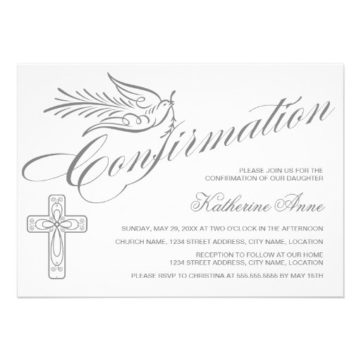 Elegant Calligraphy Cross and Dove Confirmation Custom Invites (front side)