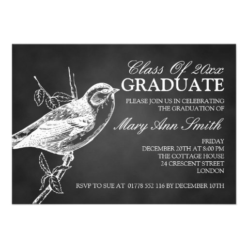 Elegant Chalkboard Bird Graduation Party Black Personalized Invites (front side)