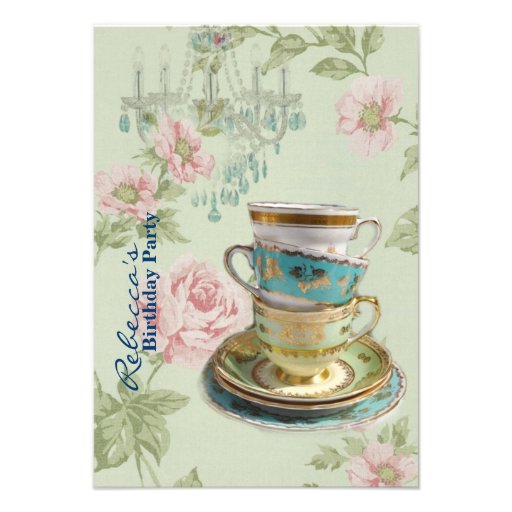 elegant chandelier tea cup  vintage birthday party announcement (front side)