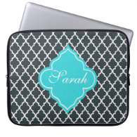 Elegant charcoal, aqua  blue quatrefoil monogram computer sleeves