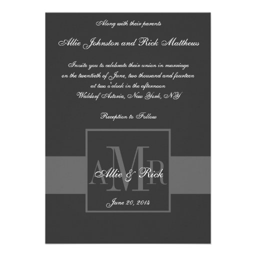 Elegant Charcoal Monogram Wedding Invitation Front