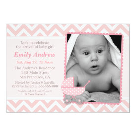 Elegant Chevron Stroller Photo Baby Girl Shower 4.5x6.25 Paper Invitation Card
