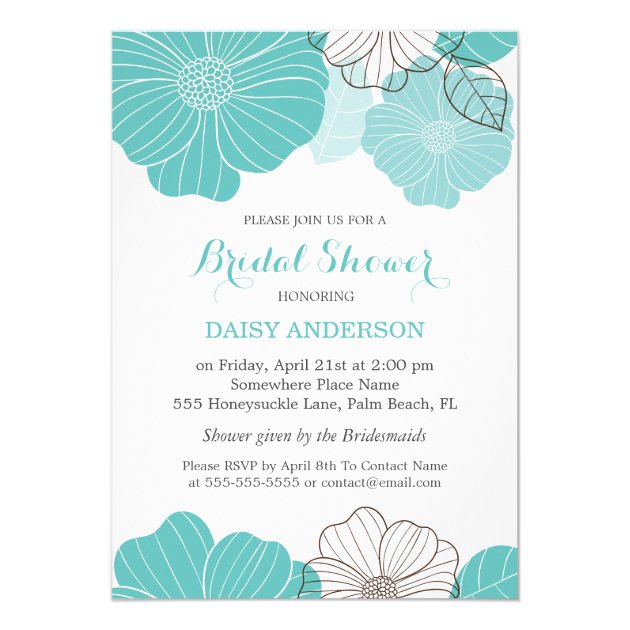 Elegant Chic Turquoise Green Floral Bridal Shower 5x7 Paper Invitation Card (front side)