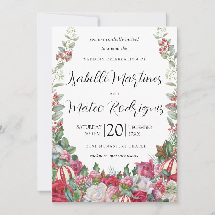 Elegant Christmas Greenery Red Floral Wedding Invitation Zazzle