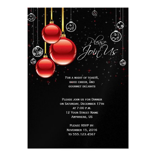 Elegant Christmas Ornaments on Black Party Invite