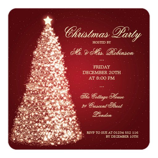 Elegant Christmas Party Gold Tree Red Custom Invitations (front side)