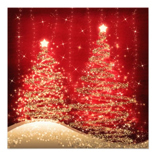 Elegant Christmas Party Sparkling Trees Red Custom Announcements (front side)