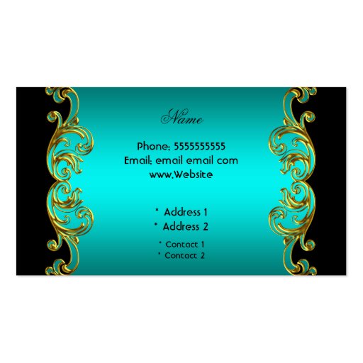 Elegant Classy Black Teal Blue Green Gold Floral Business Card (back side)