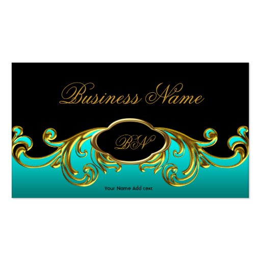Elegant Classy Black Teal Blue Green Gold Floral Business Card (front side)