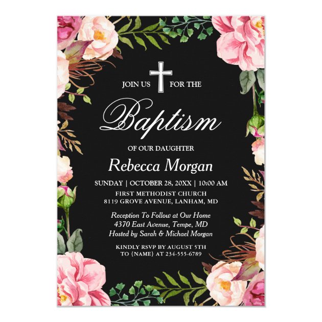 Elegant Classy Floral Bloom | Girl Baptism Photo Card (front side)