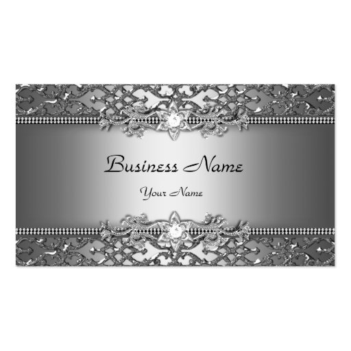 Elegant Classy Silver Gray Damask Embossed Look Business Cards (front side)