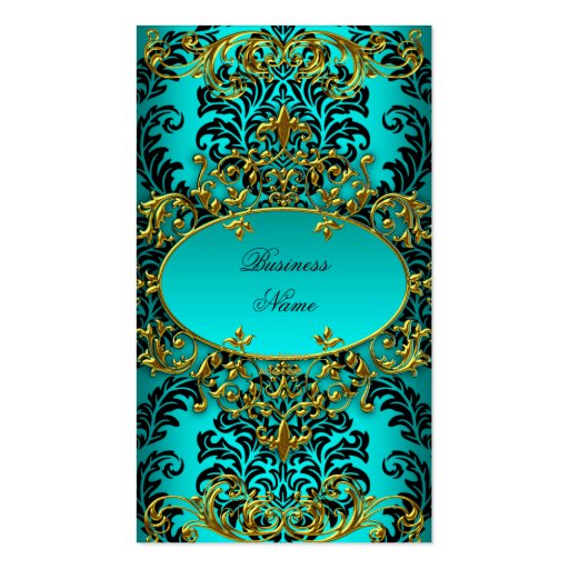Elegant Classy Teal Blue Gold Damask Floral Business Card Templates (front side)