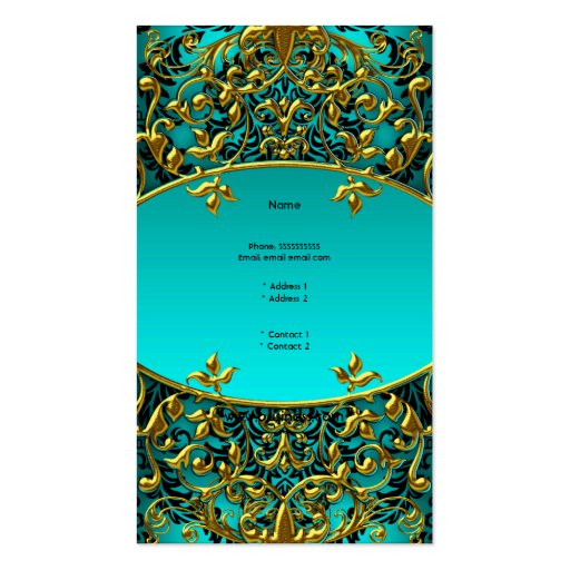 Elegant Classy Teal Blue Gold Damask Floral Business Card Templates (back side)