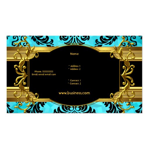 Elegant Classy Teal Blue Gold Damask Floral Business Card (back side)