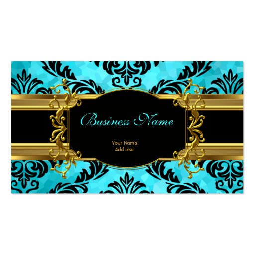 Elegant Classy Teal Blue Gold Damask Floral Business Card (front side)