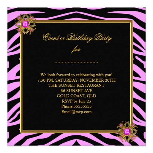 Elegant Classy Zebra Pink Gold Birthday Party Custom Announcement