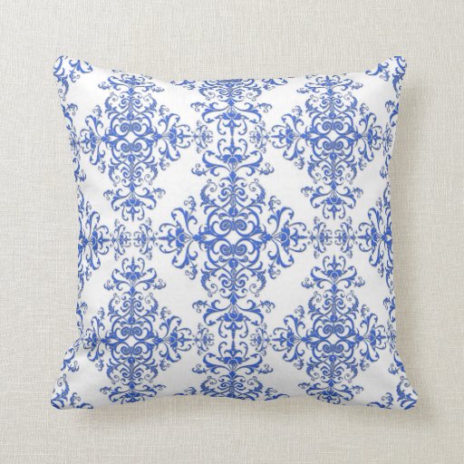 Elegant Cobalt Blue and White Floral Style Damask Throw Pillow Zazzle