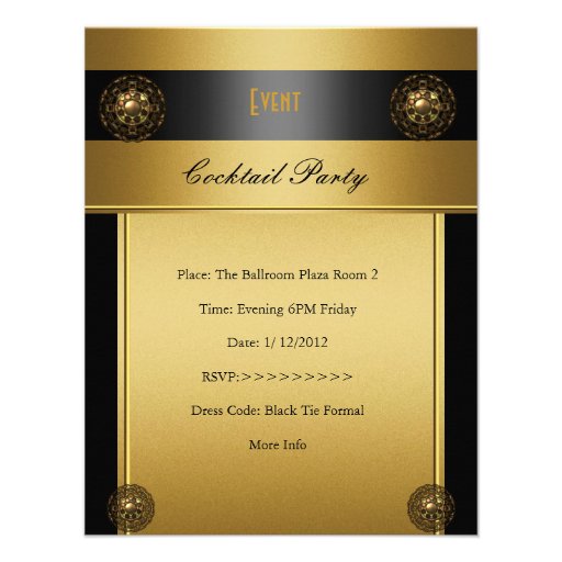 Elegant Cocktail Party Black Gold Yellow 4.25" X 5.5" Invitation Card Zazzle