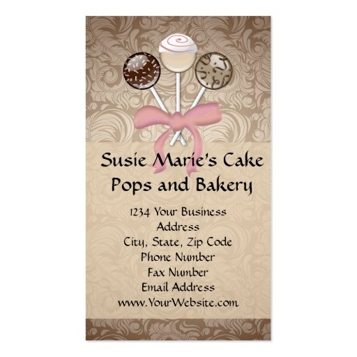 Elegant Cocoa Damask Cake Pop Business Cards (front side)
