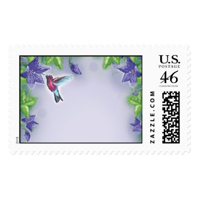 elegant colorful hummingbird and purple flowers stamp