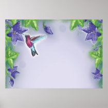 elegant colorful hummingbird and purple flowers posters