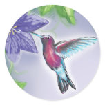 elegant colorful hummingbird and purple flowers round sticker