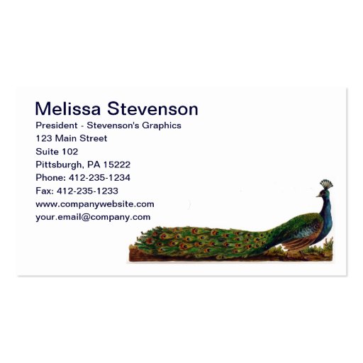Elegant Colorful Peacock Vintage Business Card (front side)