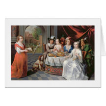 Elegant company dining in an pillared hall (panel) greeting card