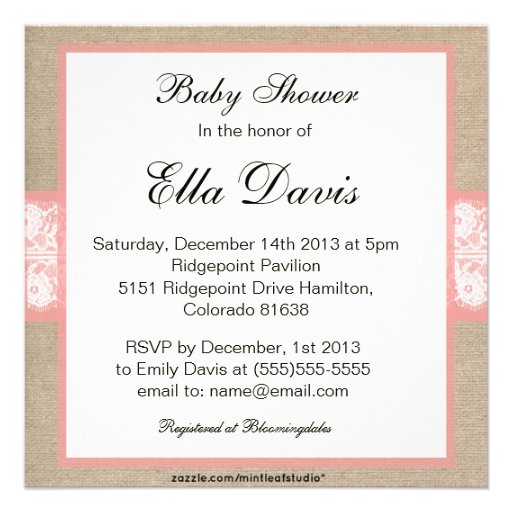 Elegant Coral Burlap Lace Baby Shower Invitation