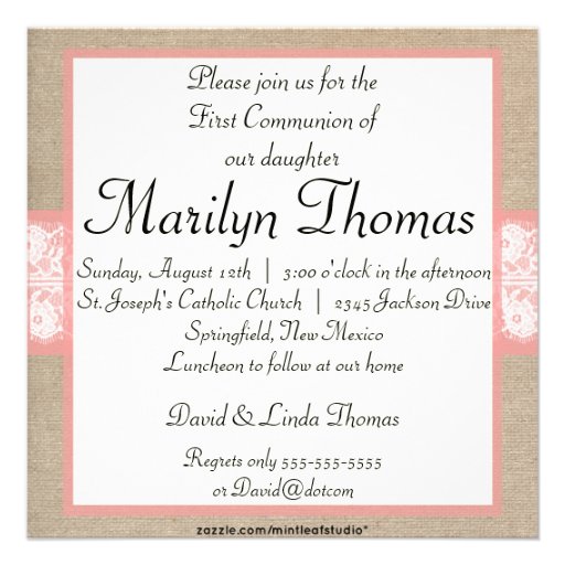 Elegant Coral Burlap Lace First Communion Invite